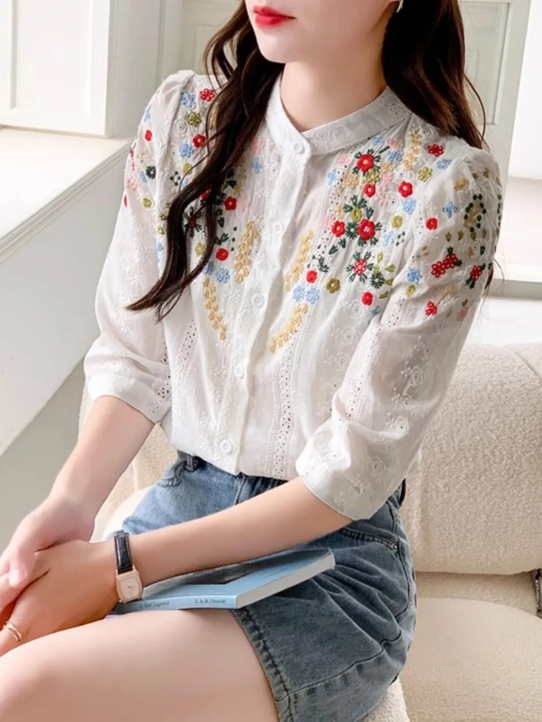 Embroidered Jacquard Stand Collar Shirt