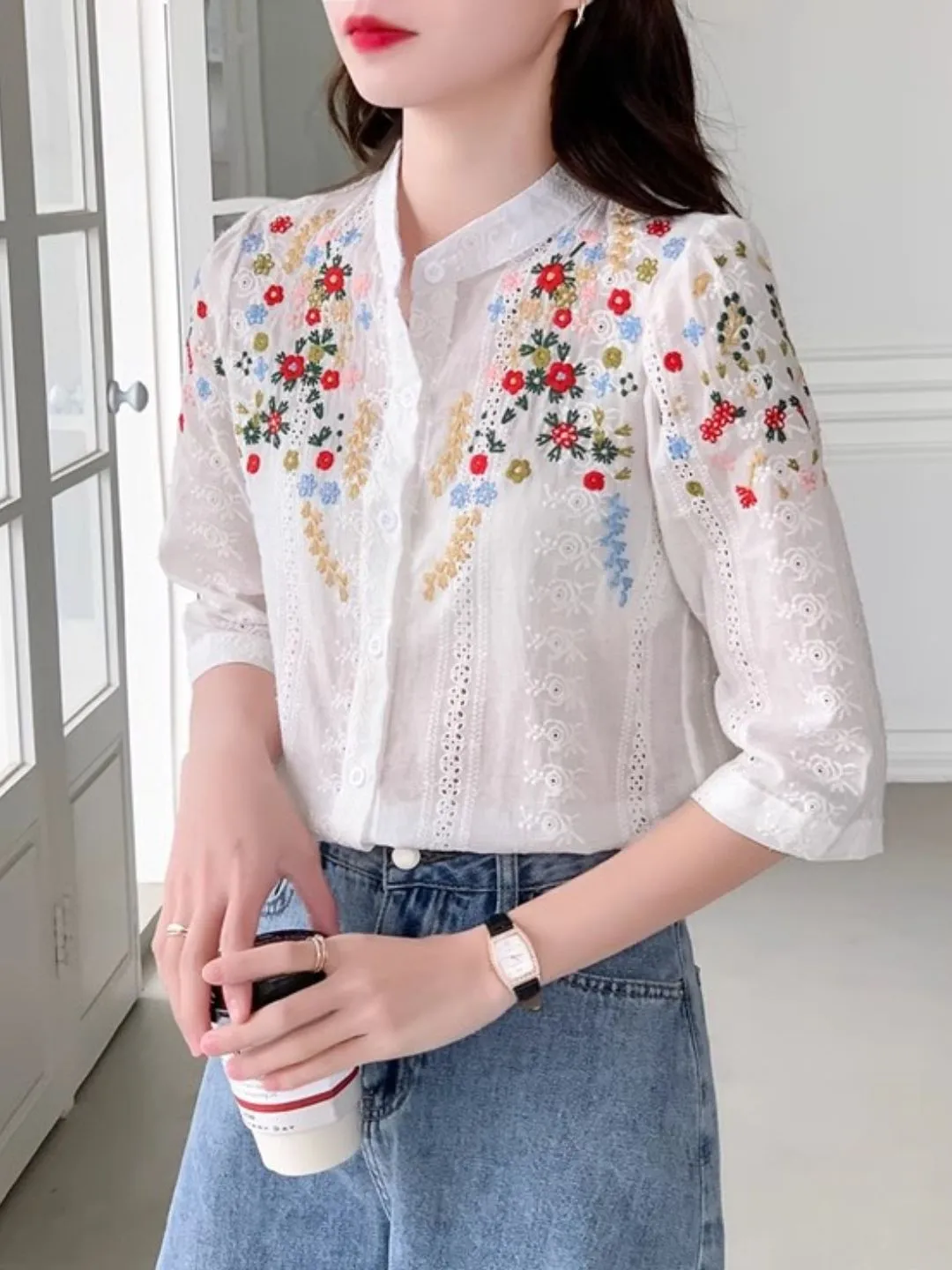 Embroidered Jacquard Stand Collar Shirt