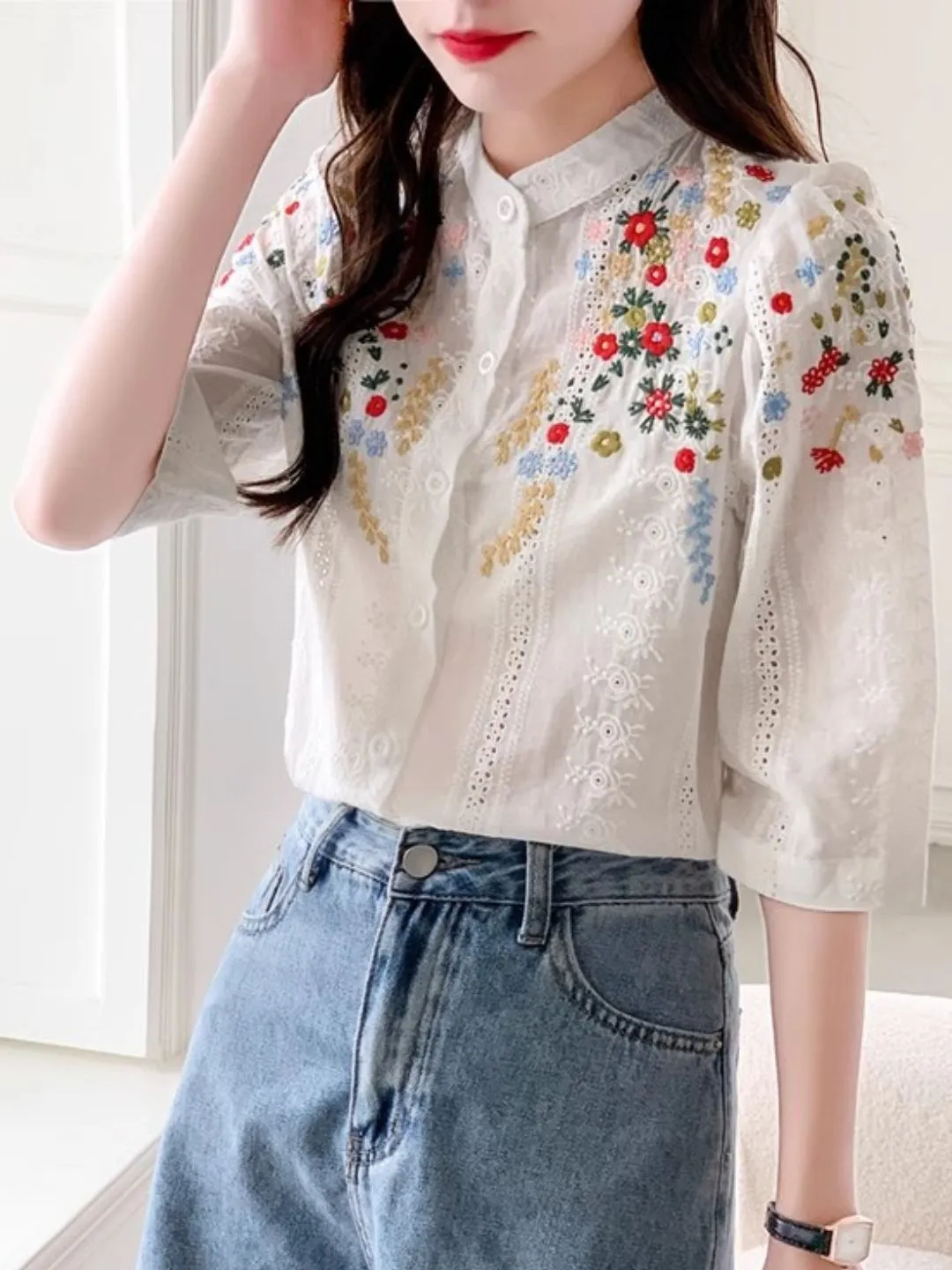Embroidered Jacquard Stand Collar Shirt