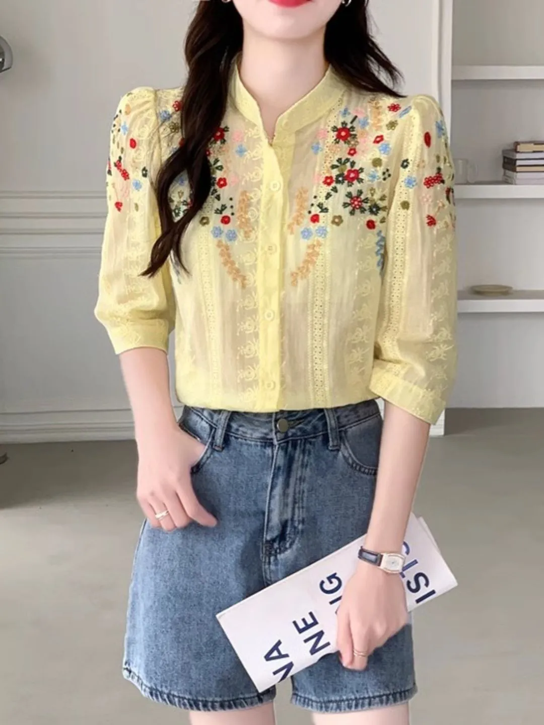 Embroidered Jacquard Stand Collar Shirt