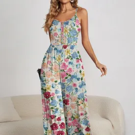 FAM-FAM Decorative Button Spaghetti Strap Wide Leg Jumpsuit