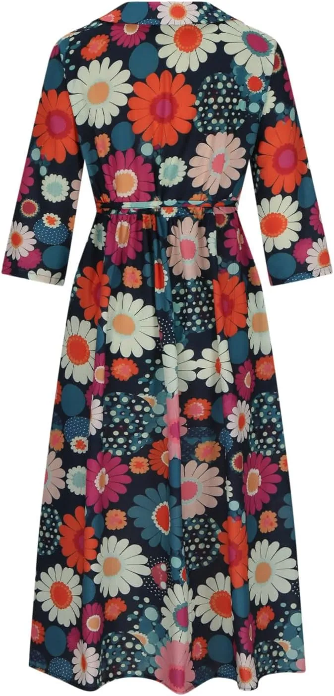 Floral Pattern Dresses for Women 2025 Maxi Button Down Plus Size A Line Dress Trendy 3/4 Sleeve Dress Summer Dresses