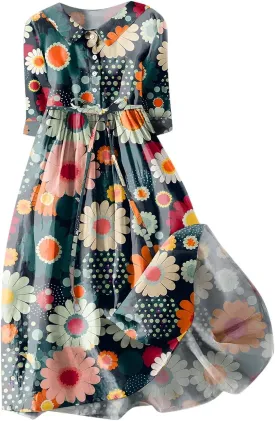 Floral Pattern Dresses for Women 2025 Maxi Button Down Plus Size A Line Dress Trendy 3/4 Sleeve Dress Summer Dresses