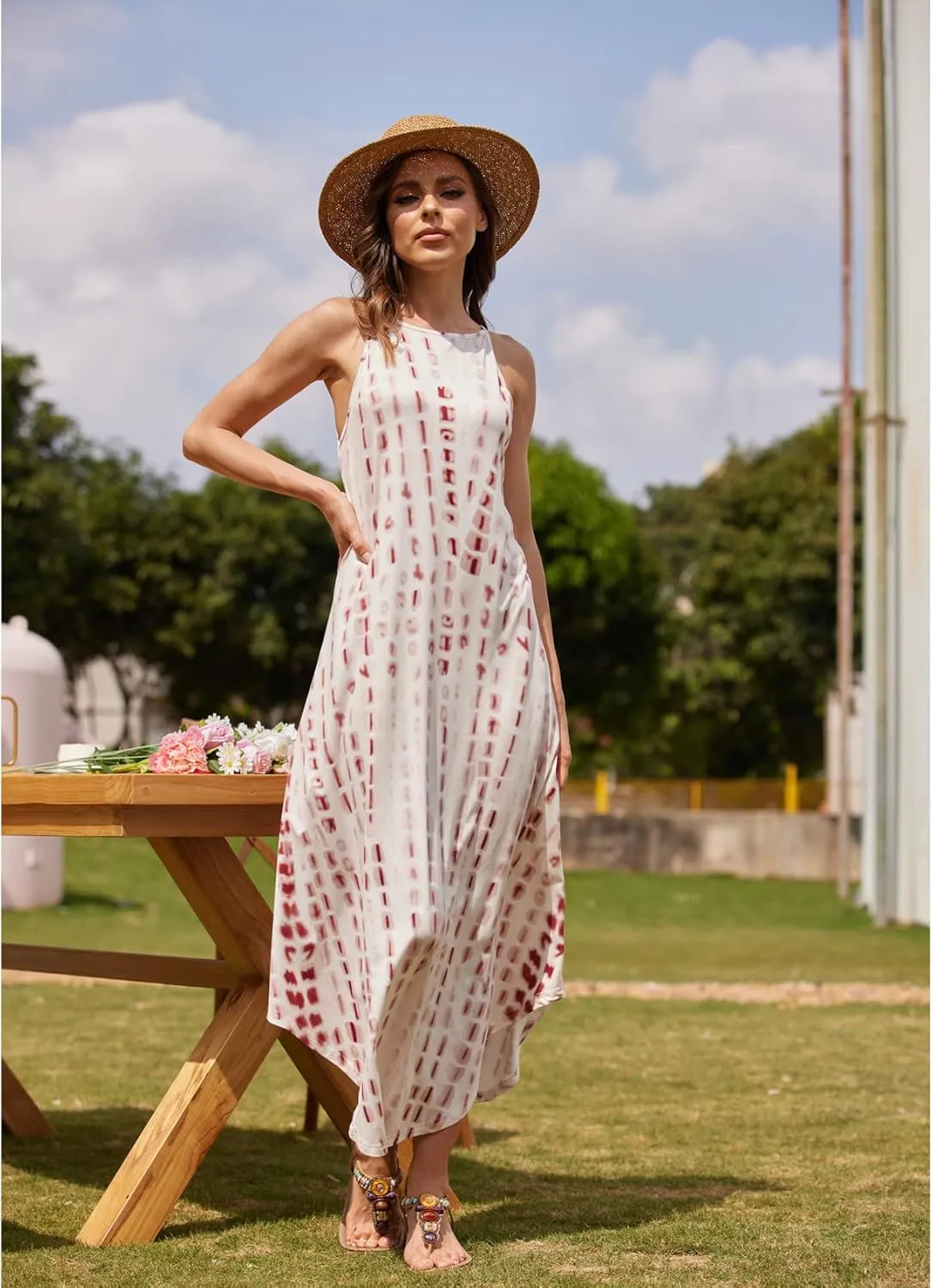 Halife Women's Summer Casual Sleeveless Beach Dress Long Halter Side Slit Maxi Sun Dresses