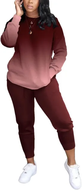 HBQ Two Piece Outfits For Women Casual Long Sleeve Sweatsuits Jogger Tracksuits Lounge Sets With Pockets-Gradient-XXL