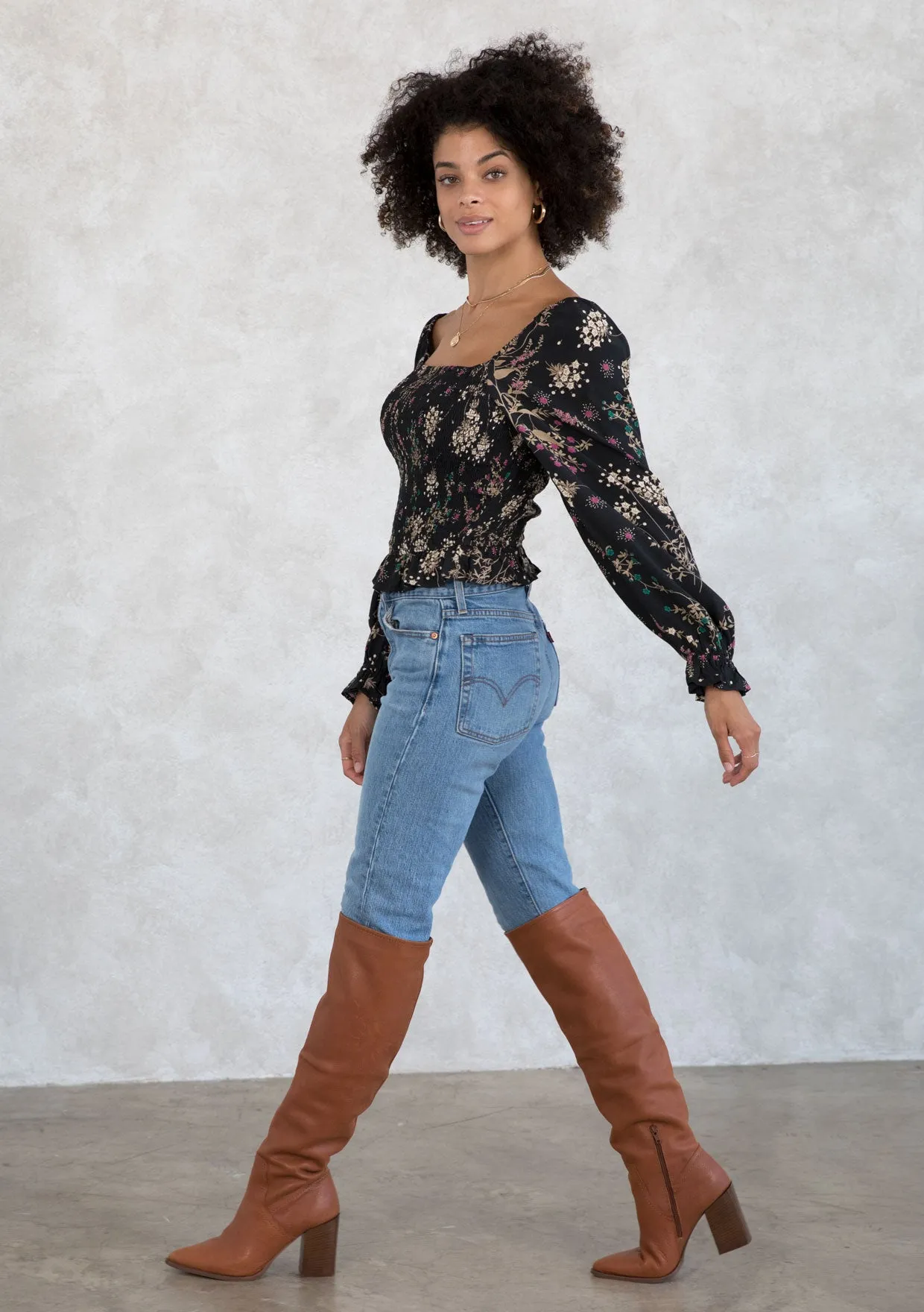 Holiday Floral Print Smocked Crop Top