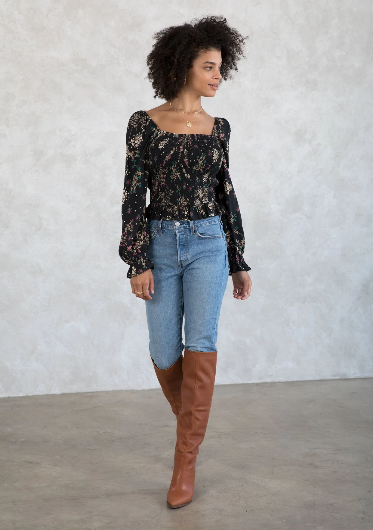 Holiday Floral Print Smocked Crop Top
