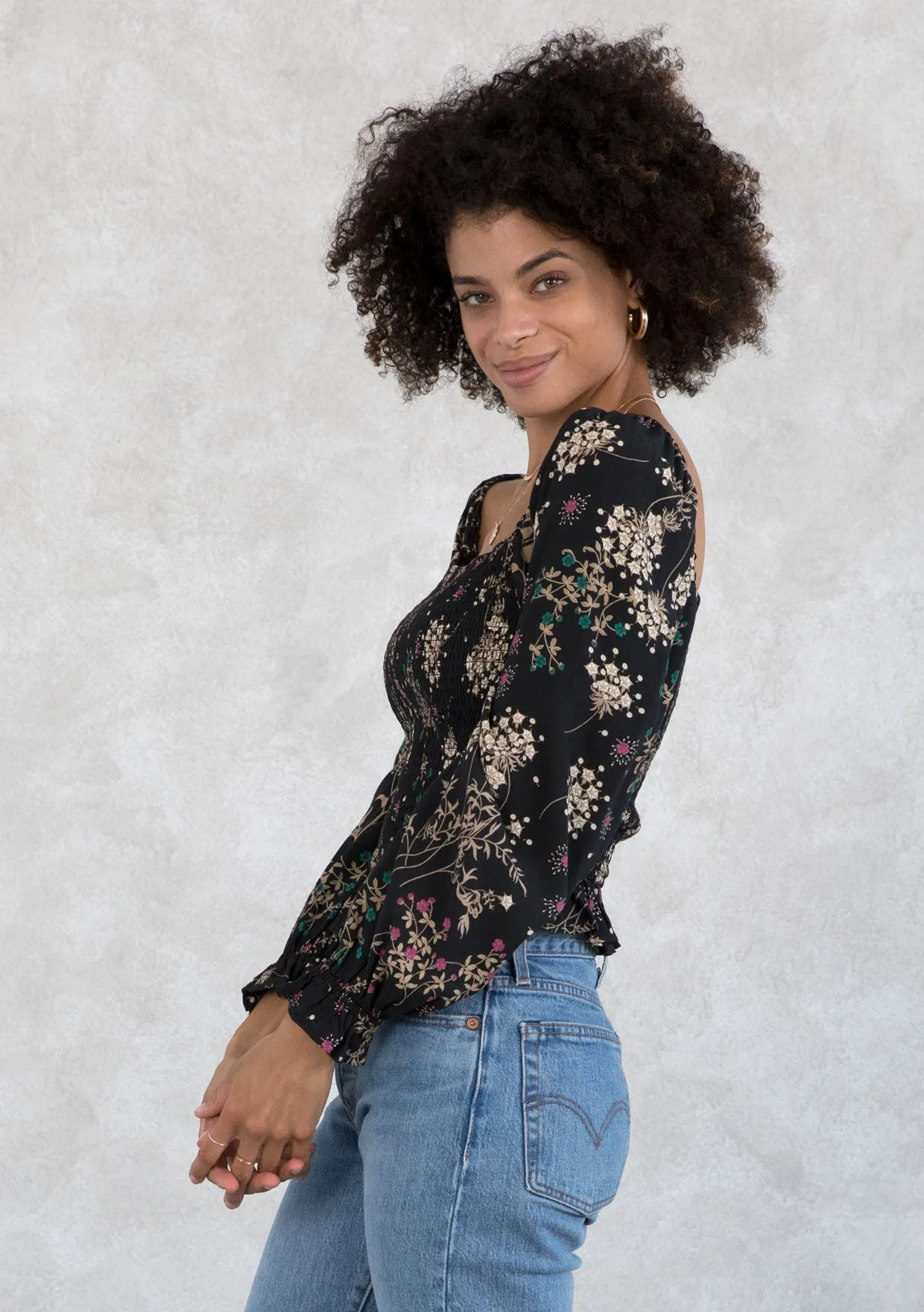 Holiday Floral Print Smocked Crop Top