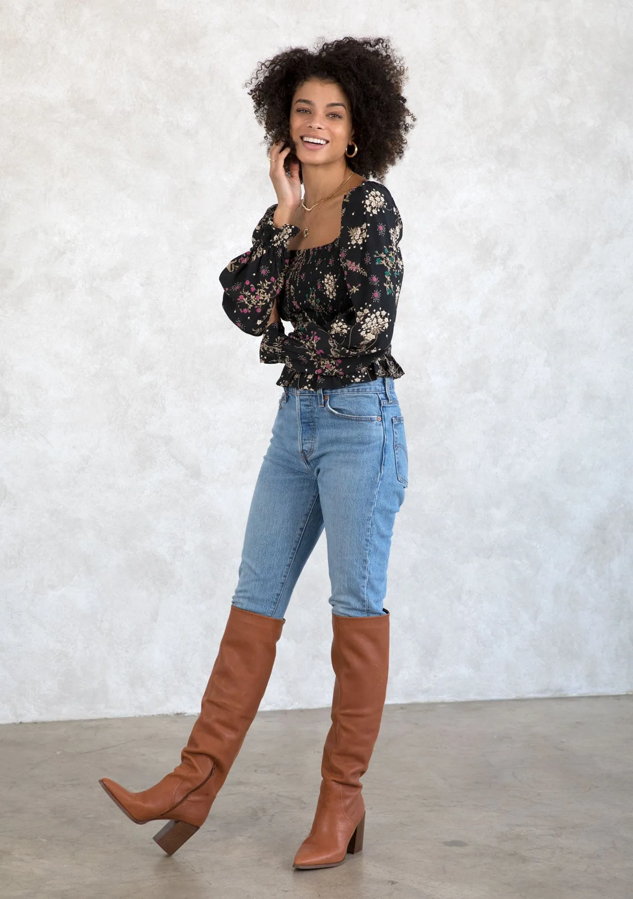Holiday Floral Print Smocked Crop Top