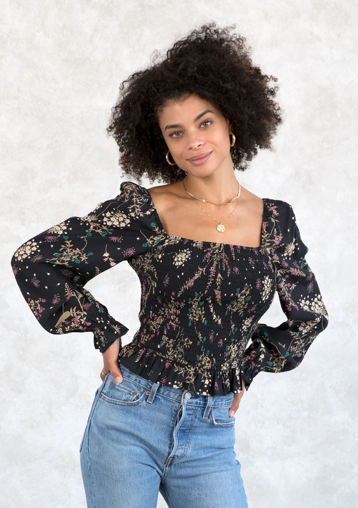 Holiday Floral Print Smocked Crop Top