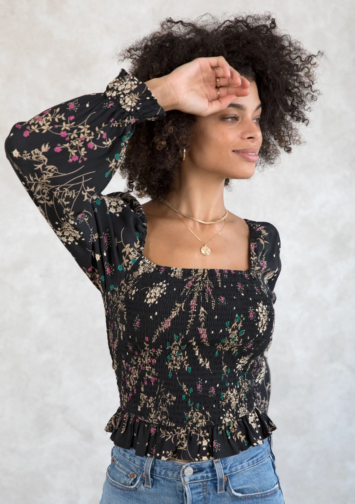 Holiday Floral Print Smocked Crop Top