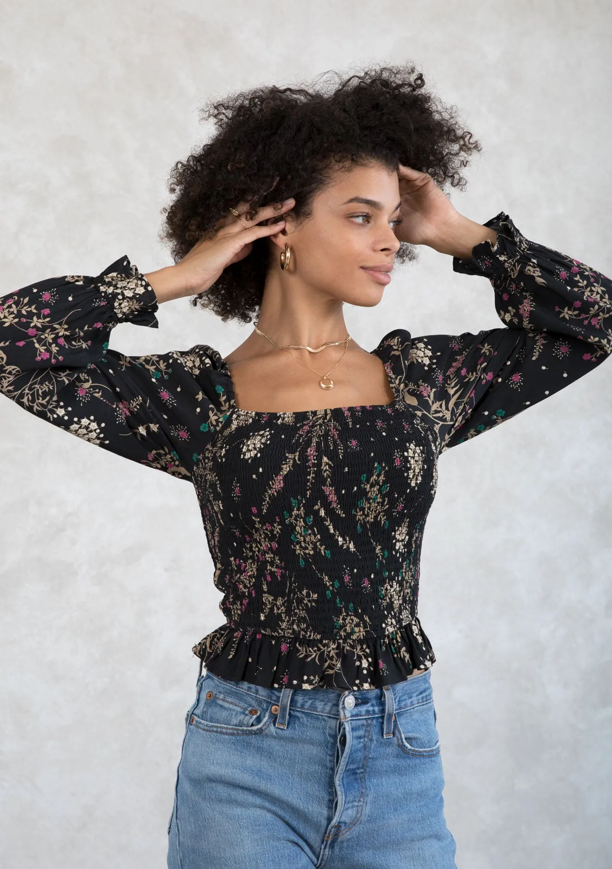 Holiday Floral Print Smocked Crop Top