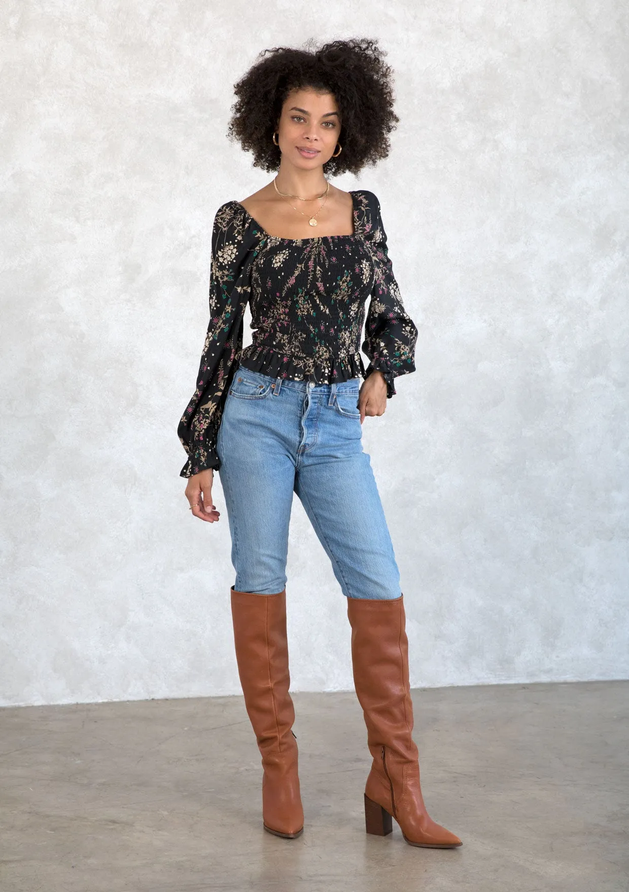 Holiday Floral Print Smocked Crop Top