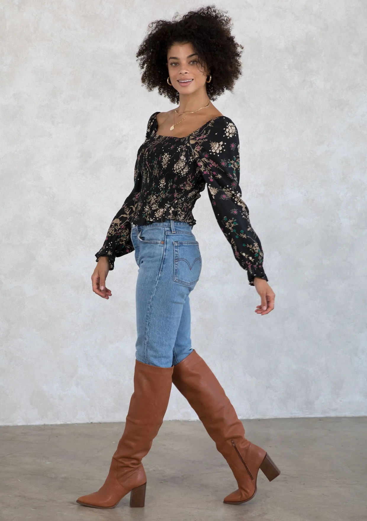 Holiday Floral Print Smocked Crop Top