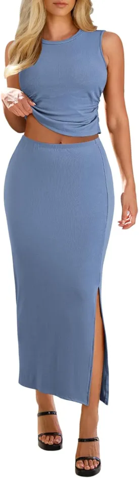 HUUSA Womens Two Piece Outfits Summer Bodycon Sleeveless Crewneck Crop Tank Tops Ribbed Split Long Skirt Dress Set