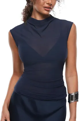 INLYRIC Women's Cosnufy Mesh Sheer Mock Turtle Neck Tank Tops See Through Sleeveless Sexy Summer Going Out Tops