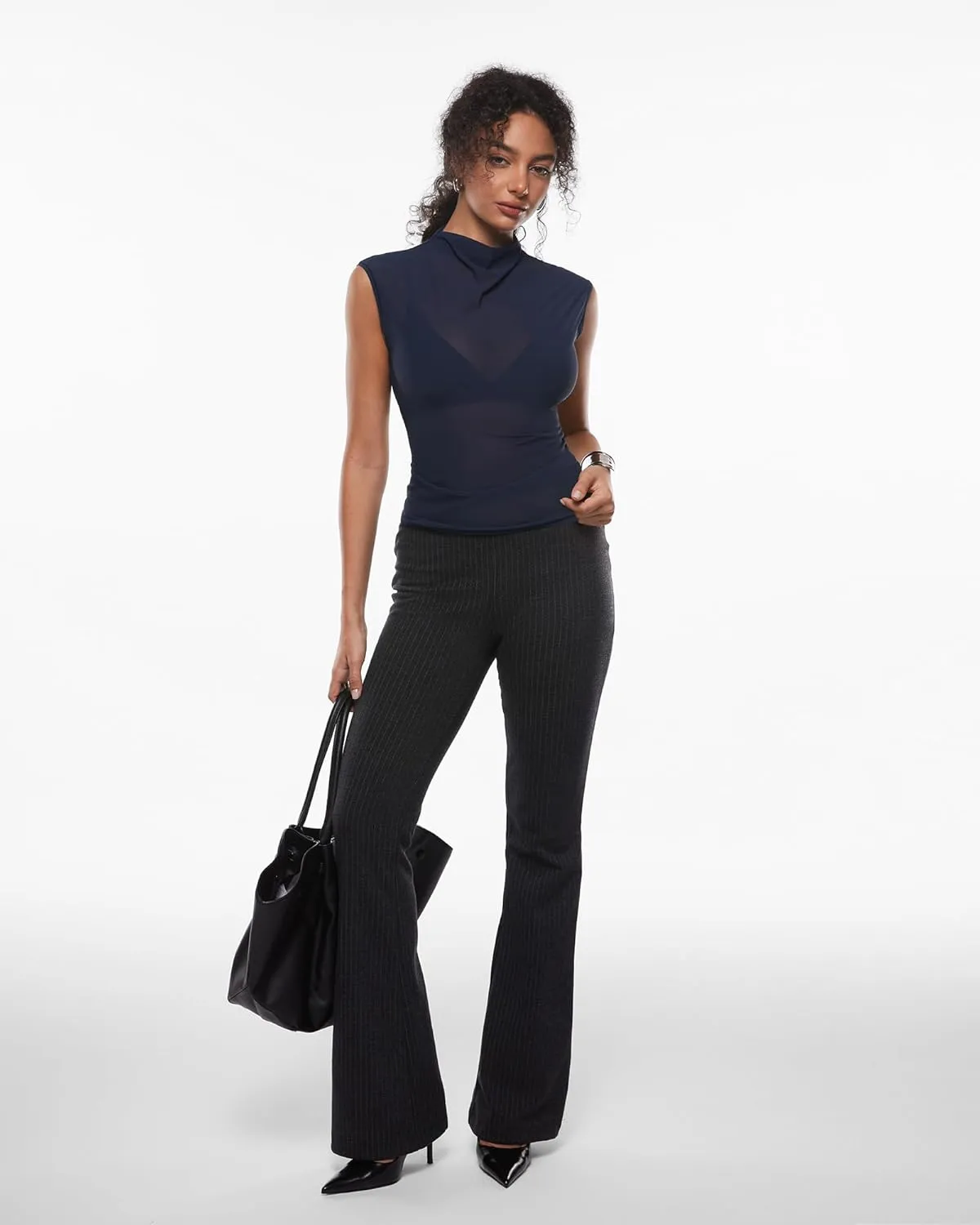 INLYRIC Women's Cosnufy Mesh Sheer Mock Turtle Neck Tank Tops See Through Sleeveless Sexy Summer Going Out Tops