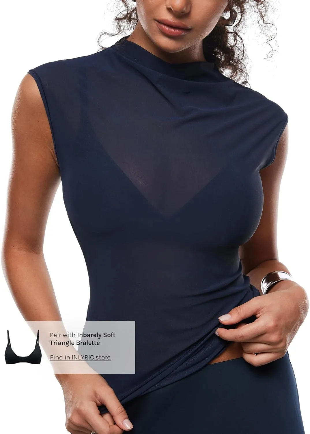INLYRIC Women's Cosnufy Mesh Sheer Mock Turtle Neck Tank Tops See Through Sleeveless Sexy Summer Going Out Tops