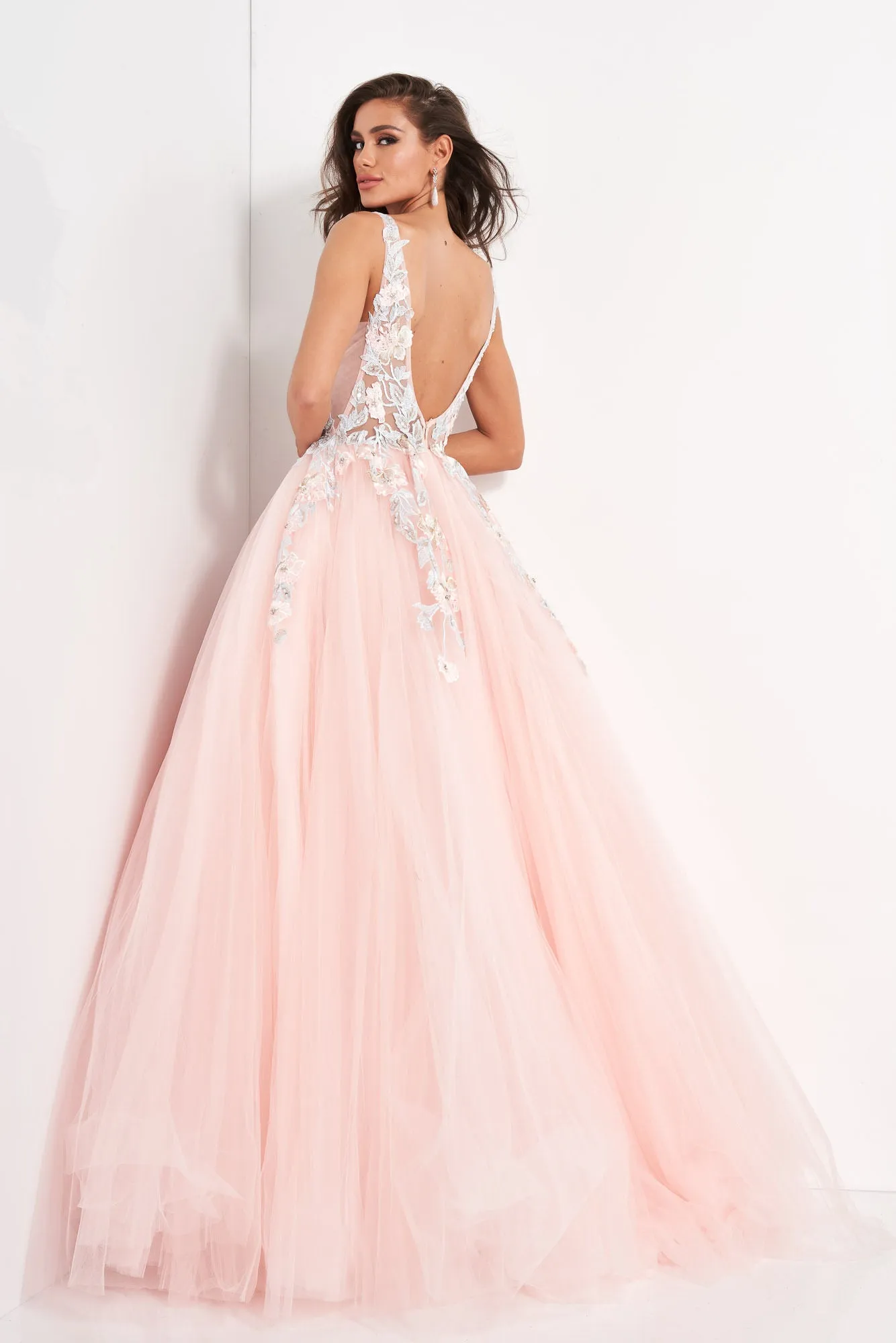 Jovani 11092 Long Sheer A Line Ballgown Formal Dress Floral Applique Romantic