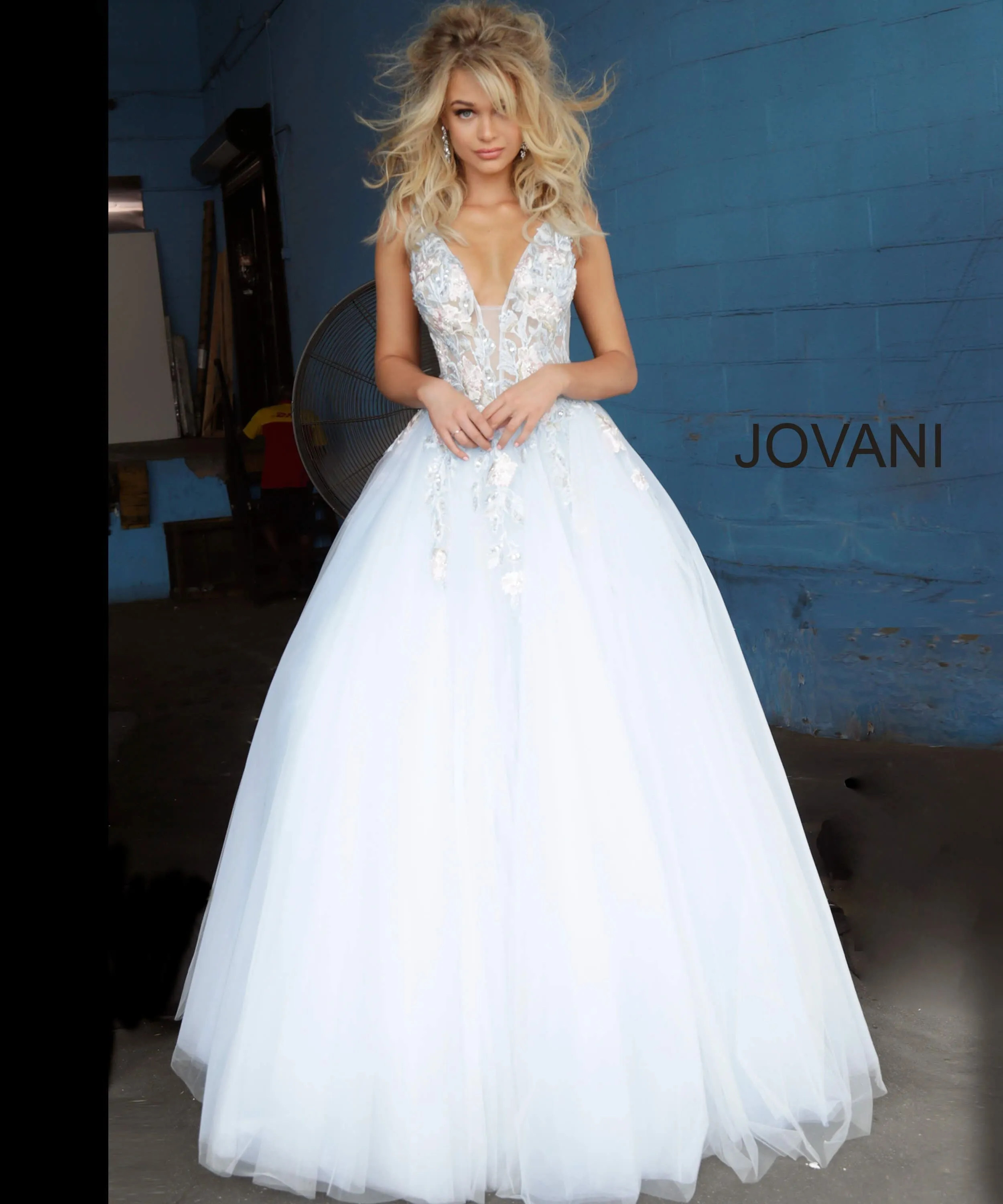Jovani 11092 Long Sheer A Line Ballgown Formal Dress Floral Applique Romantic