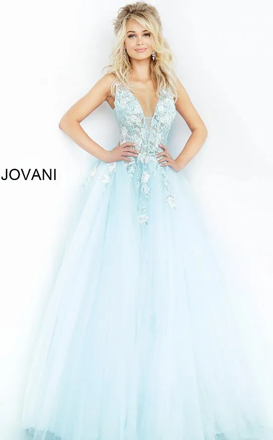 Jovani 11092 Long Sheer A Line Ballgown Formal Dress Floral Applique Romantic