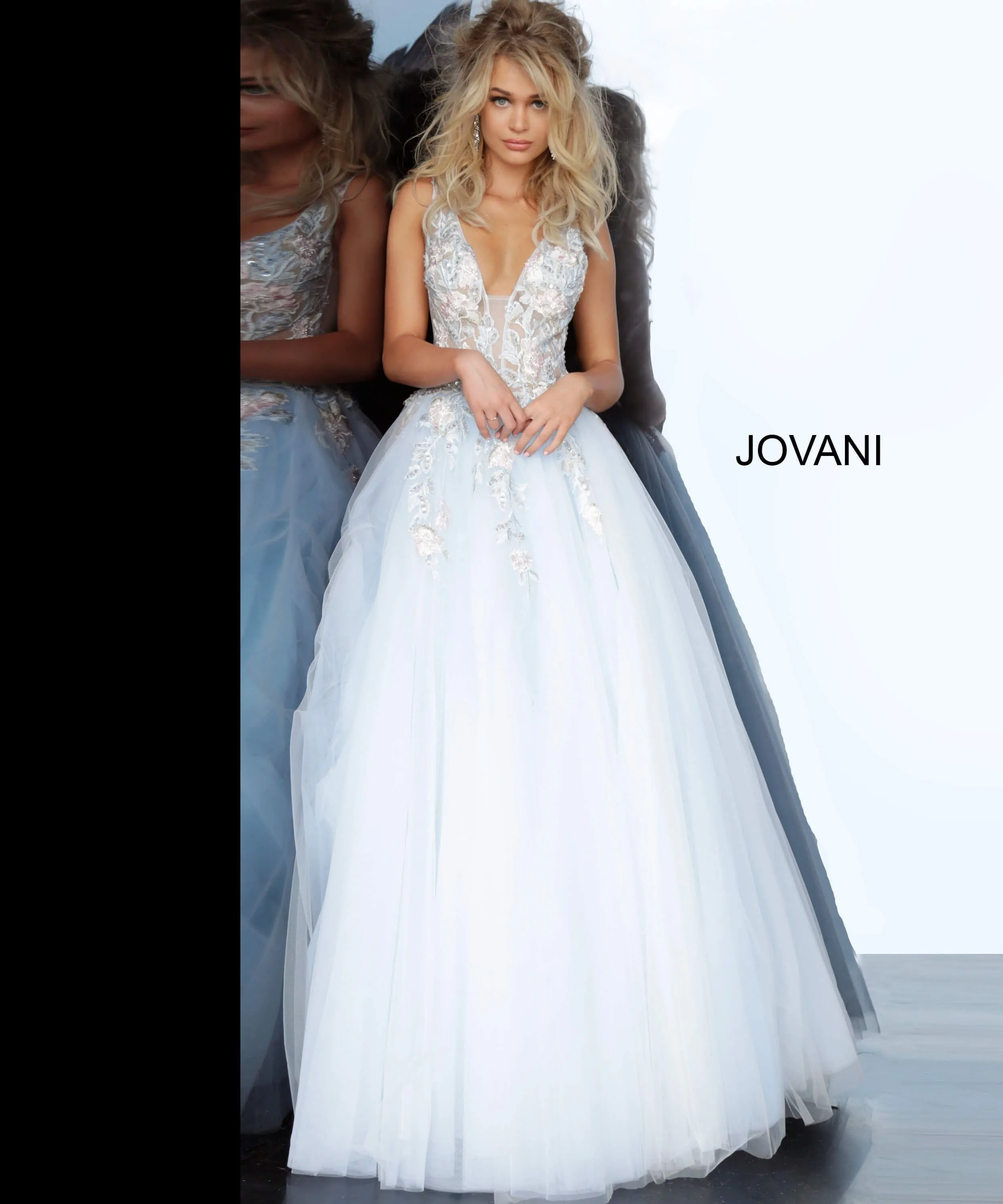 Jovani 11092 Long Sheer A Line Ballgown Formal Dress Floral Applique Romantic