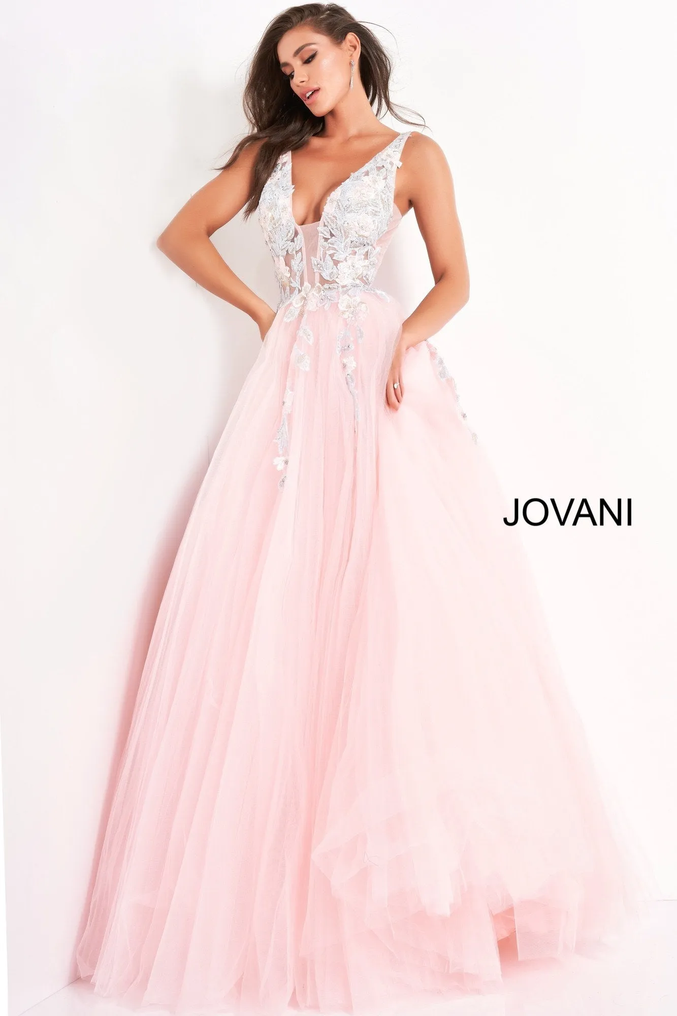 Jovani 11092 Long Sheer A Line Ballgown Formal Dress Floral Applique Romantic