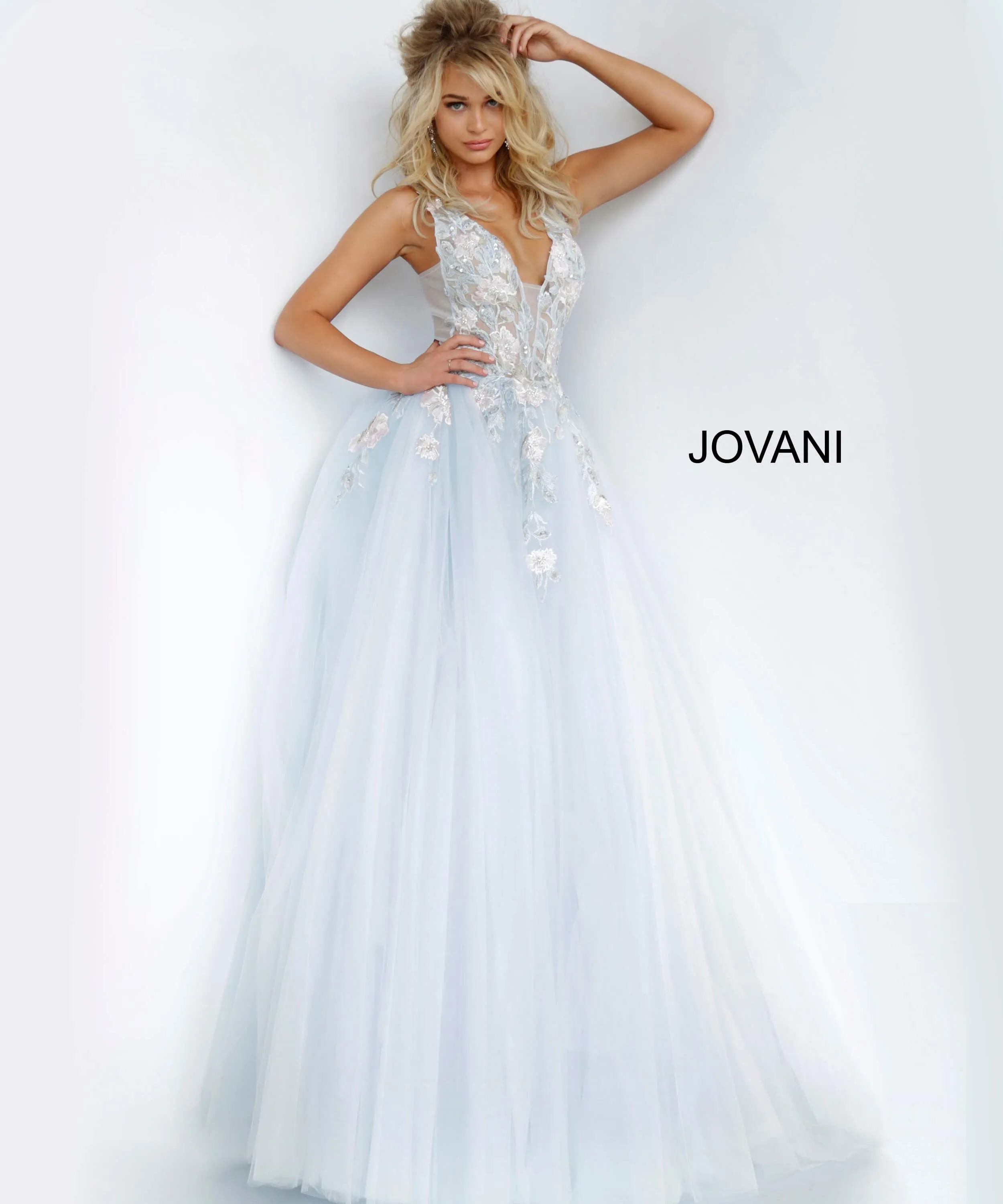 Jovani 11092 Long Sheer A Line Ballgown Formal Dress Floral Applique Romantic