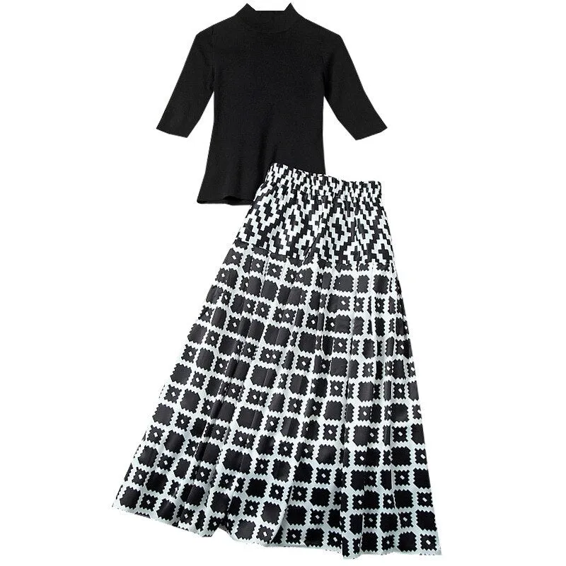 Knitted Top Print Skirt Set