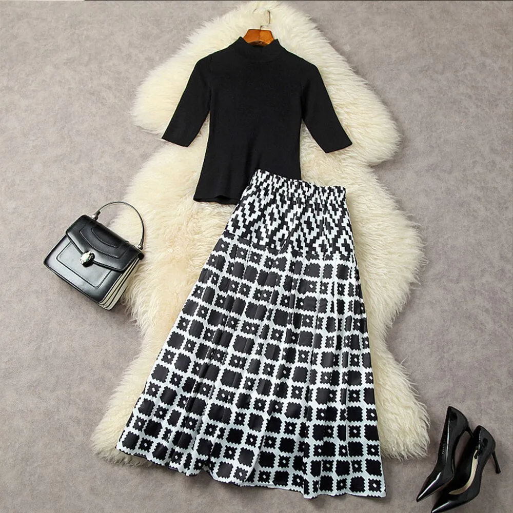 Knitted Top Print Skirt Set