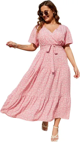 KOJOOIN Women Plus Size V Neck Wrap Maxi Dress Short Sleeves High Waist Ruffle Summer Casual Dress with Belt