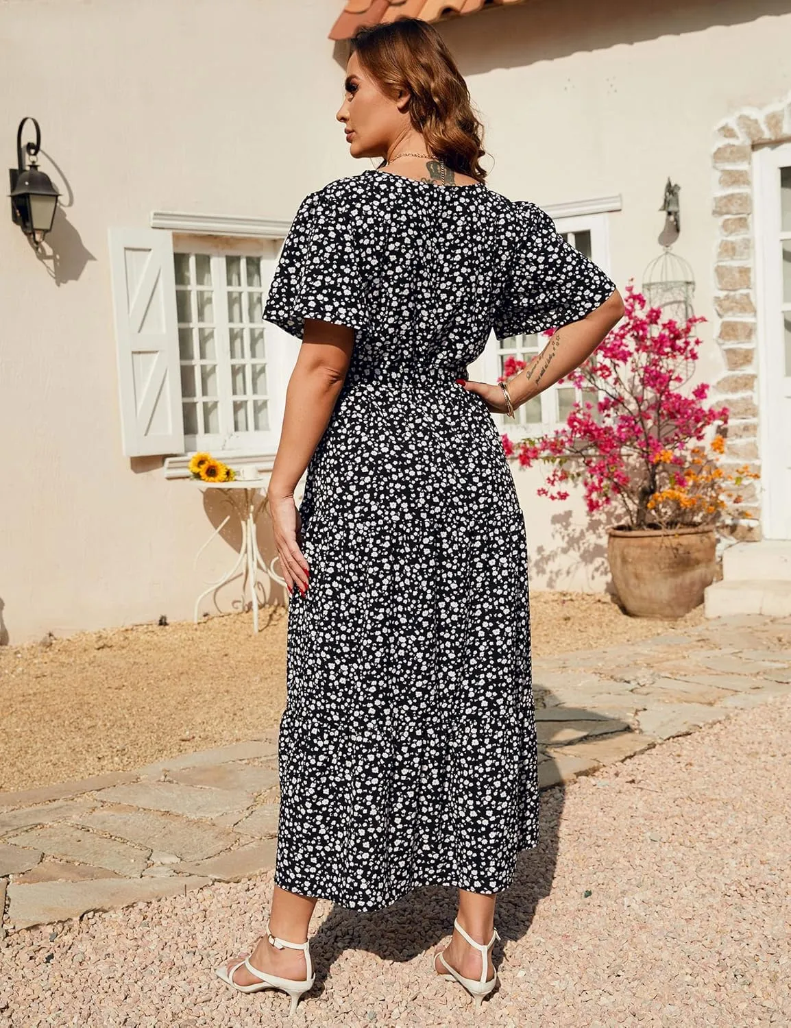 KOJOOIN Women Plus Size V Neck Wrap Maxi Dress Short Sleeves High Waist Ruffle Summer Casual Dress with Belt