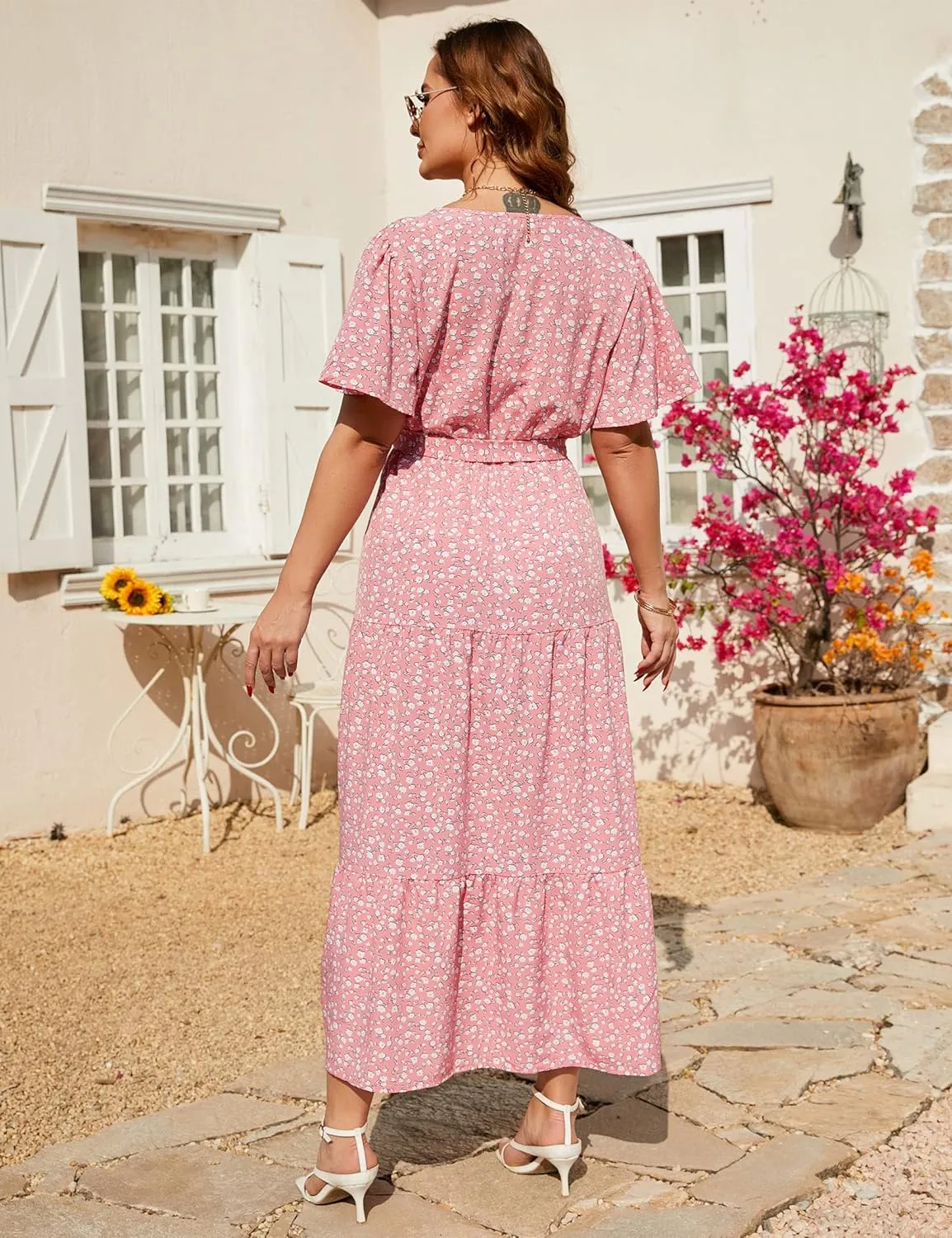 KOJOOIN Women Plus Size V Neck Wrap Maxi Dress Short Sleeves High Waist Ruffle Summer Casual Dress with Belt