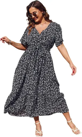 KOJOOIN Women Plus Size V Neck Wrap Maxi Dress Short Sleeves High Waist Ruffle Summer Casual Dress with Belt