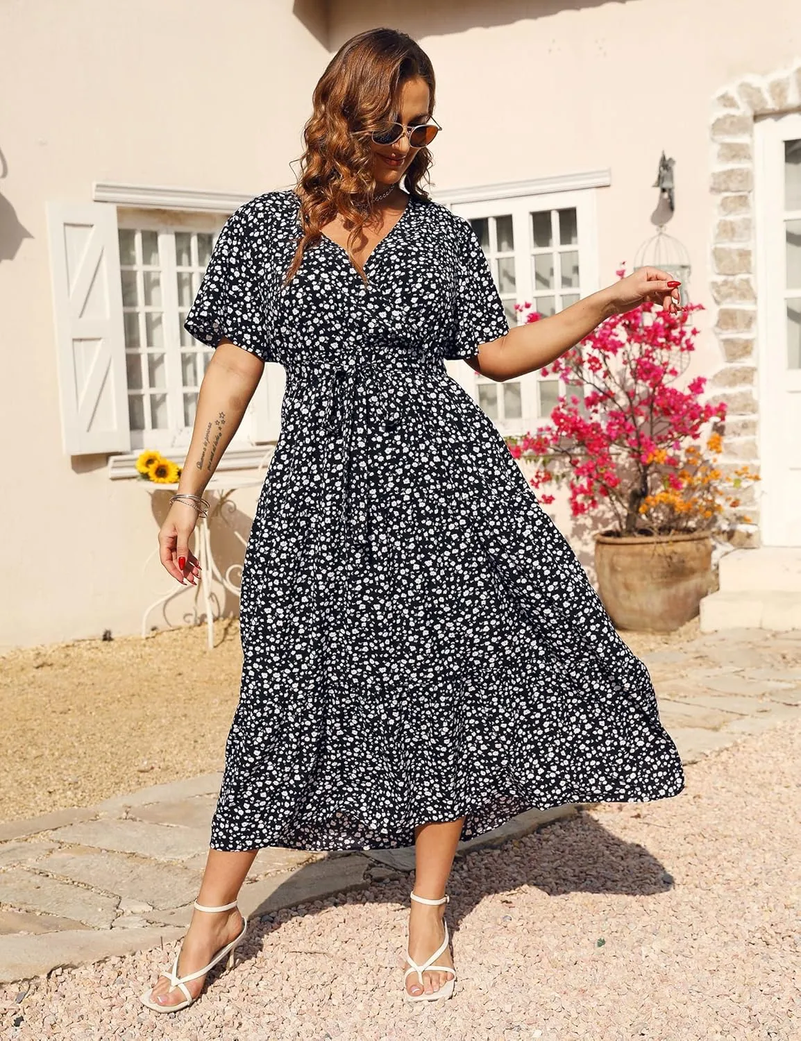 KOJOOIN Women Plus Size V Neck Wrap Maxi Dress Short Sleeves High Waist Ruffle Summer Casual Dress with Belt