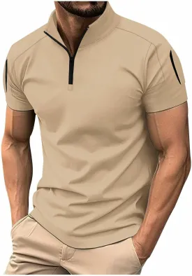 Mens Casual Business 1/4 Zipper Shirts Short Sleeve Stand Collar Muscle Pullover Tops Outdoor Athletic Golf Shirt
