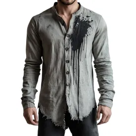 Men's Retro Casual Stand Collar Printed Distressed Long Sleeve Shirt 74850364TO