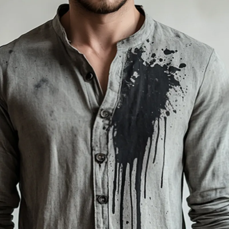 Men's Retro Casual Stand Collar Printed Distressed Long Sleeve Shirt 74850364TO
