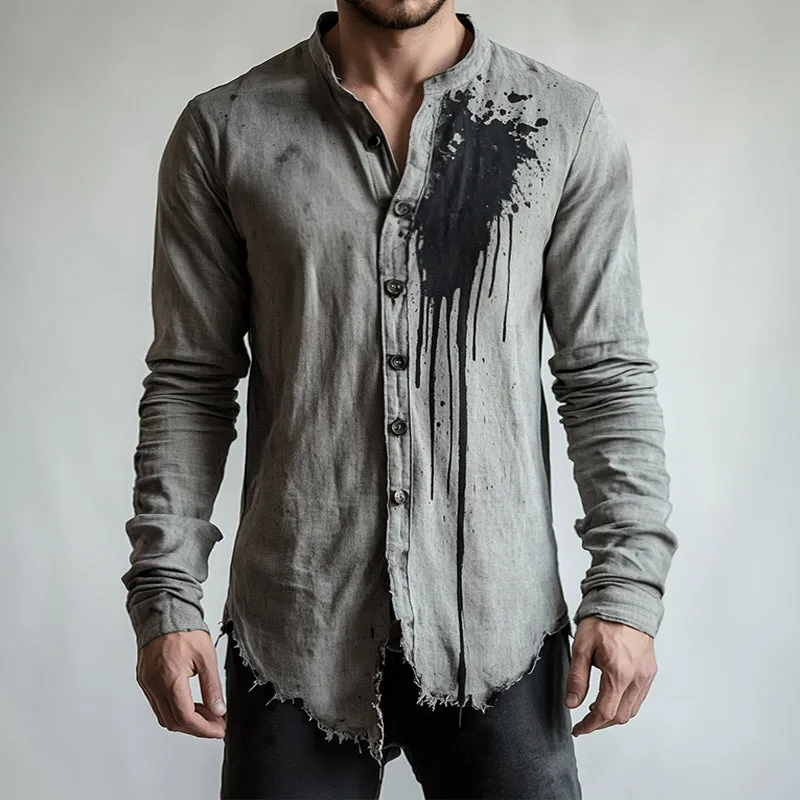 Men's Retro Casual Stand Collar Printed Distressed Long Sleeve Shirt 74850364TO