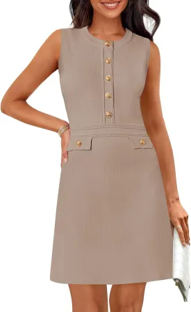 MEROKEETY Women's Formal Work Mini Dress Casual Summer Sleeveless Elegant Button Bussiness Office Outfits