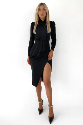 Mia Black High Knot Neck Wrap Midi Dress