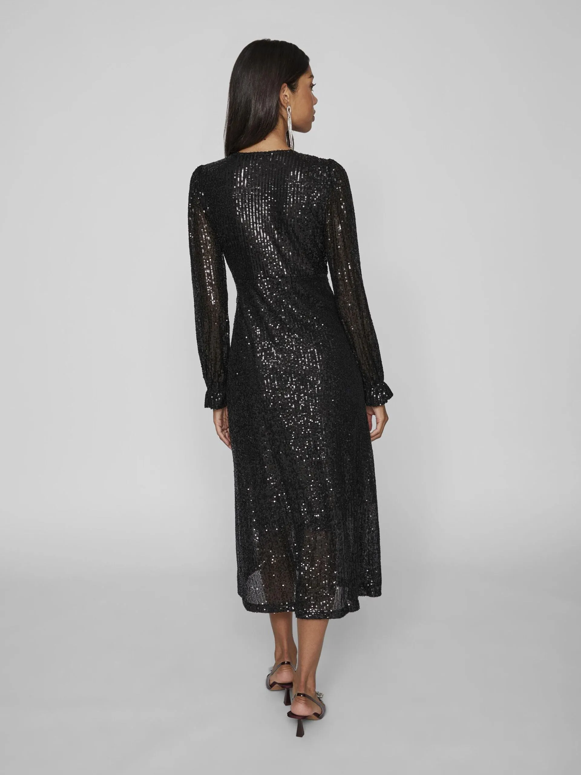 MIRA SEQUIN MIDI WRAP DRESS (BLACK)