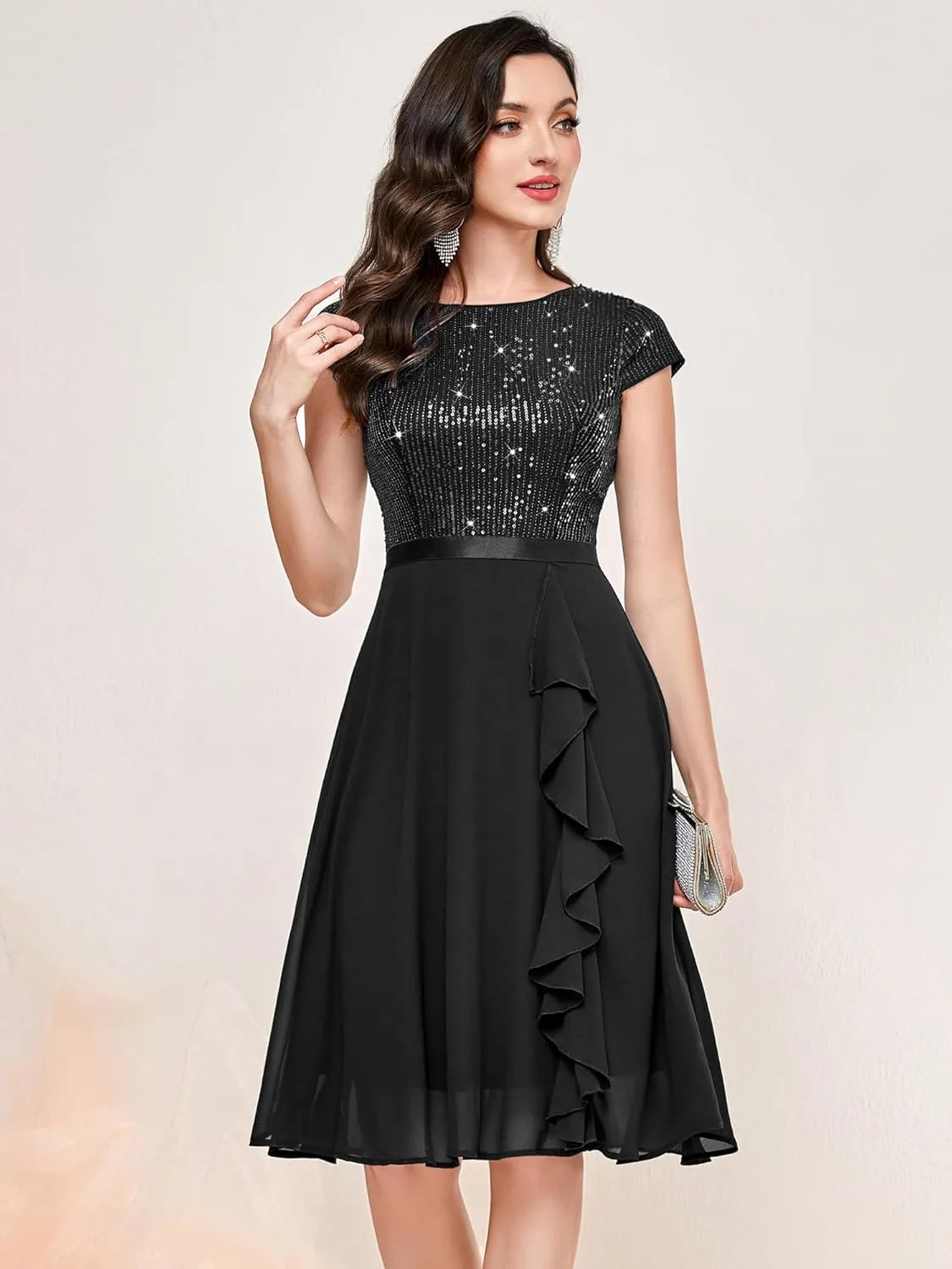 MISSMAY Women's Elegant Glitter Sequin Ruffle Style Cocktail Prom Dress