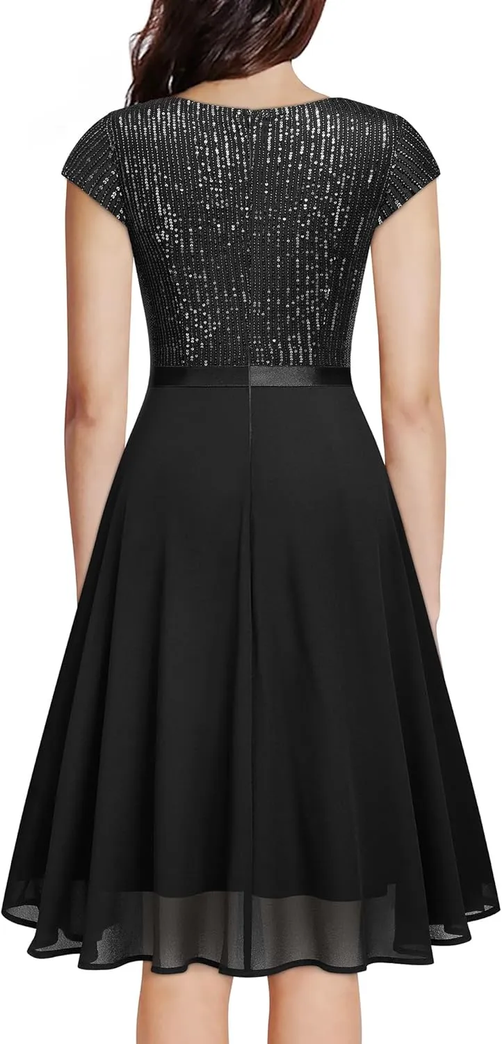 MISSMAY Women's Elegant Glitter Sequin Ruffle Style Cocktail Prom Dress