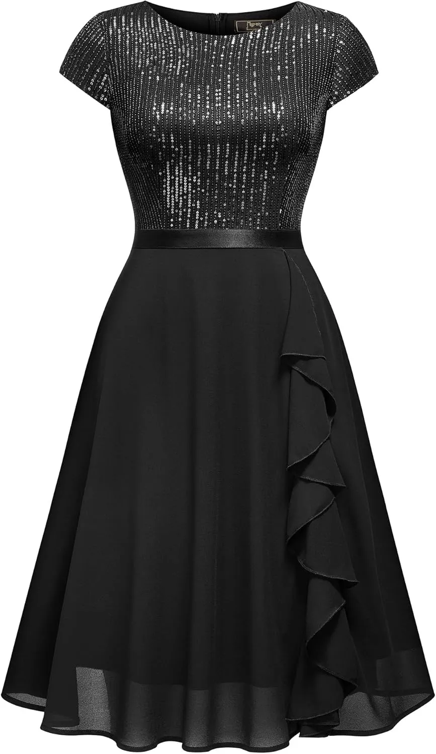MISSMAY Women's Elegant Glitter Sequin Ruffle Style Cocktail Prom Dress