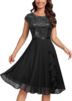 MISSMAY Women's Elegant Glitter Sequin Ruffle Style Cocktail Prom Dress
