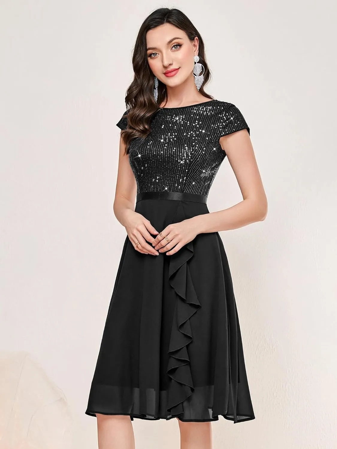 MISSMAY Women's Elegant Glitter Sequin Ruffle Style Cocktail Prom Dress
