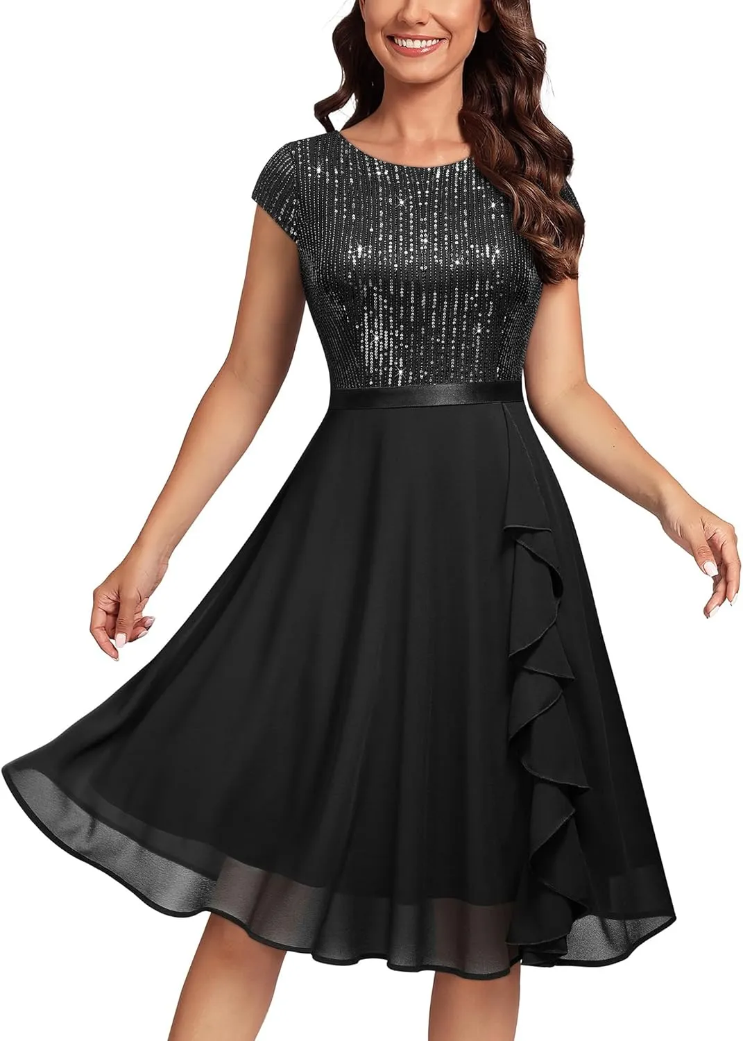 MISSMAY Women's Elegant Glitter Sequin Ruffle Style Cocktail Prom Dress