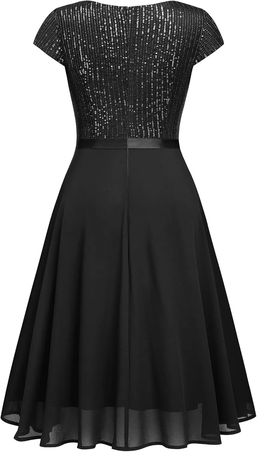 MISSMAY Women's Elegant Glitter Sequin Ruffle Style Cocktail Prom Dress