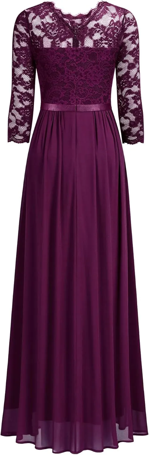Miusol Women's Elegant Floral Lace 3/4 Sleeve Bridesmaid Formal Maxi Dress